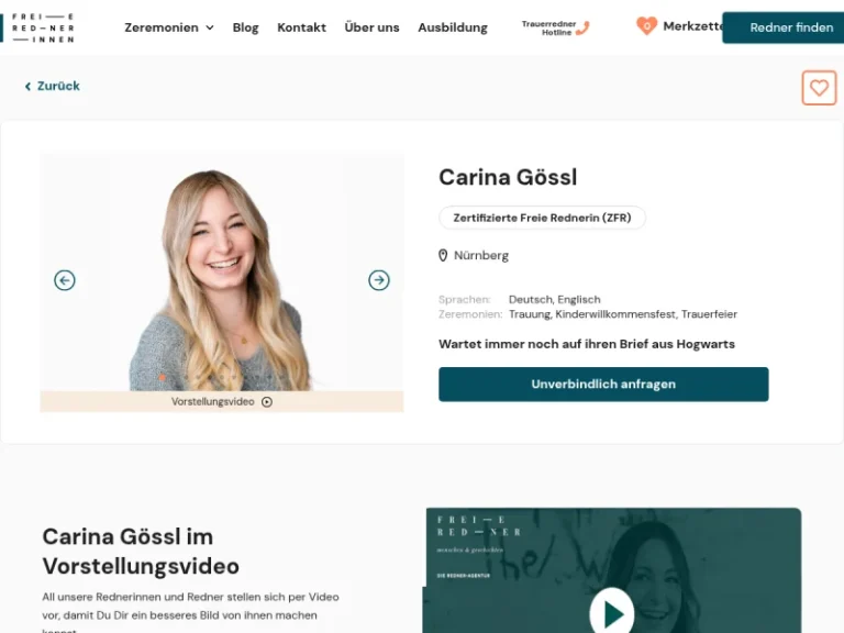 Zertifizierte Freie Rednerin – Carina Gössl (Freie Trauung, Trauerfeier und Kinderwillkommensfest) - Trauredner in Nürnberg